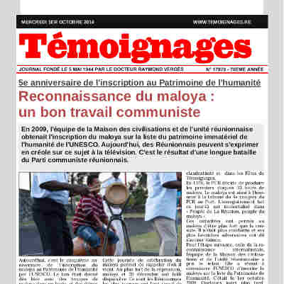 Sommaire Du 1er Octobre 14 Temoignages 5e Anniversaire De L Inscription Du Maloya Au Patrimoine De L Humanite